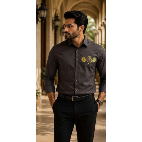 Mens Dark Brown Leaf Embroidered Shirt