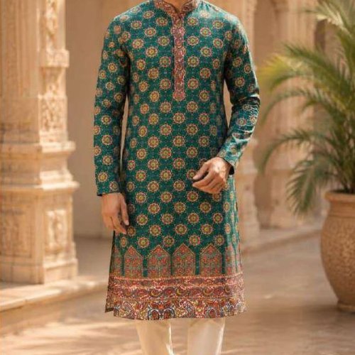 Mens Green Printed Designer Kurta Pajama Set