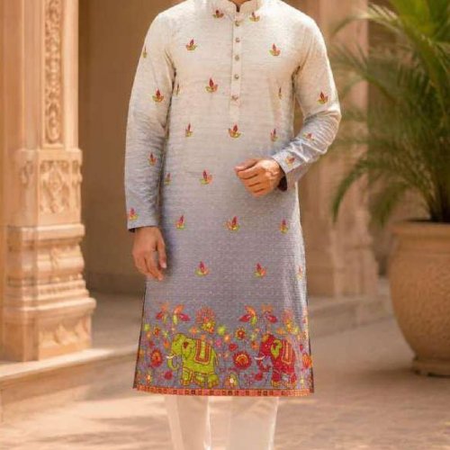Mens Grey Printed Designer Kurta Pajama Set