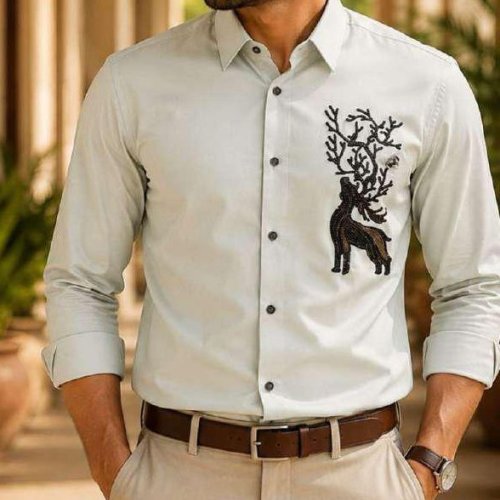 Mens Ivory Deer Embroidered Shirt