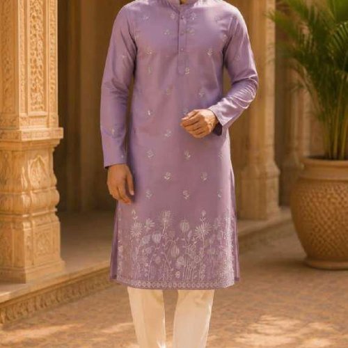 Mens Lavender Embroidered Kurta Pajama Set