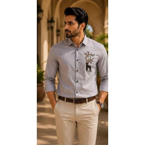 Mens Light Grey Reindeer Embroidered Shirt