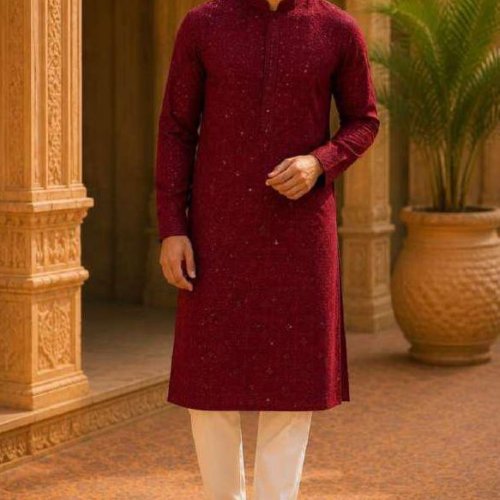 Mens Maroon Self Embroidered Kurta Pajama Set