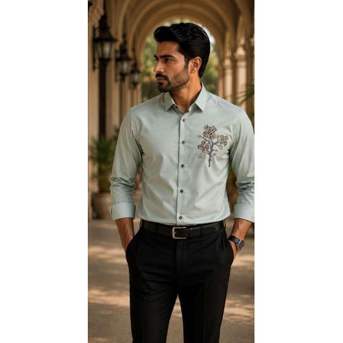 Mens Mint Green Floral Embroidered Shirt