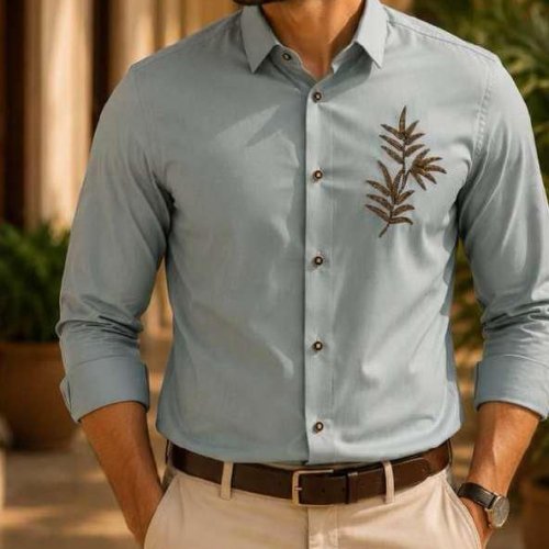 Mens Mint Green Leaf Embroidered Shirt
