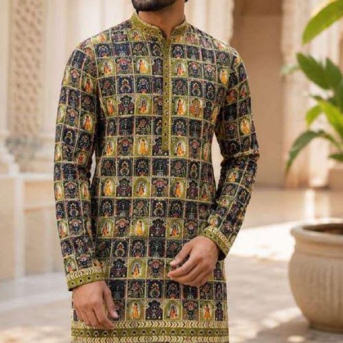 Mens Multicolor Heritage Print Kurta Pajama Set