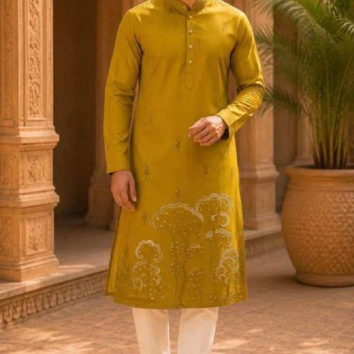 Mens Mustard Embroidered Designer Kurta Pajama Set