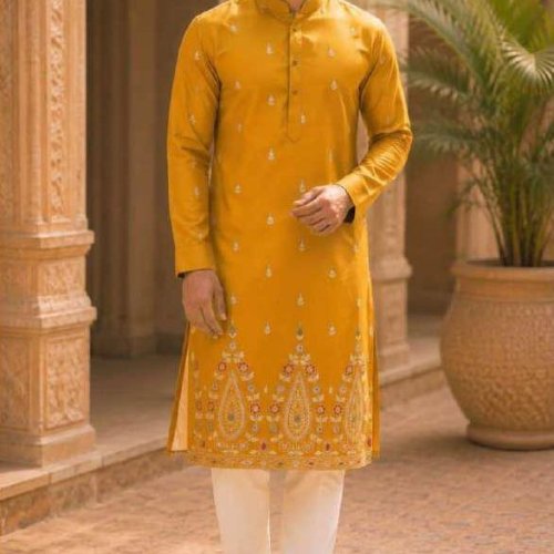 Mens Mustard Ethnic Motif Kurta Pajama Set