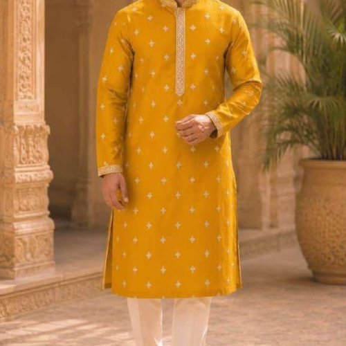 Mens Mustard Motif Embroidered Kurta Pajama Set