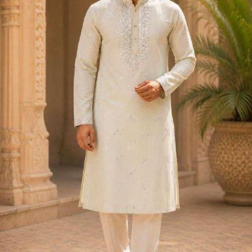 Mens Off White Embroidered Festive Kurta Pajama Set