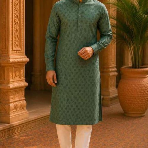 Mens Olive Green Jacquard Kurta Pajama Set