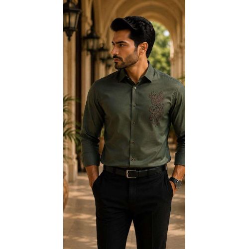 Mens Olive Green Phoenix Embroidered Formal Shirt