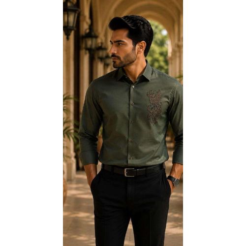 Mens Olive Green Phoenix Embroidered Shirt