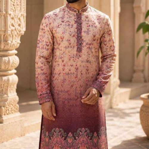 Mens Peach Ombre Printed Designer Kurta Pajama Set