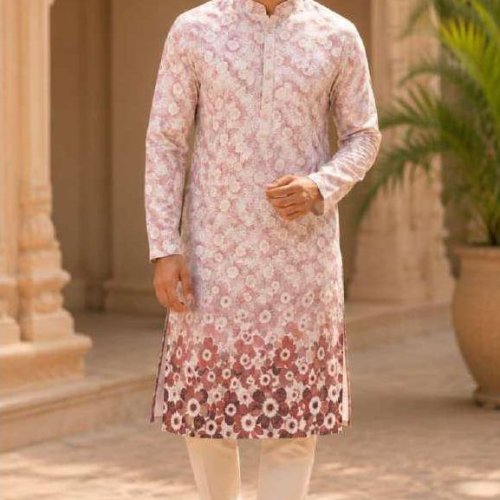 Mens Pink Floral Printed Kurta Pajama Set