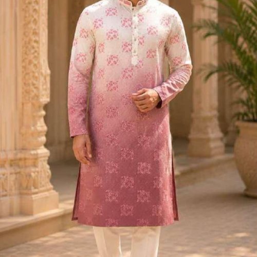 Mens Pink Ombre Printed Designer Kurta Pajama Set