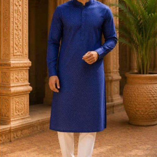 Mens Royal Blue Textured Kurta Pajama Set