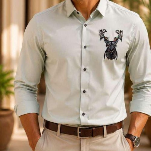 Mens Sage Green Deer Embroidered Shirt