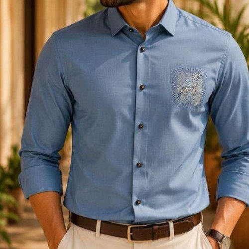 Mens Sky Blue Embroidered Formal Shirt