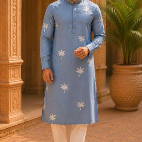 Mens Sky Blue Palm Embroidered Kurta Pajama Set