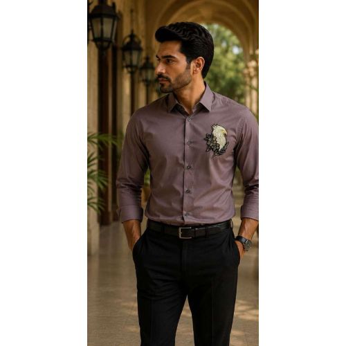 Mens Taupe Eagle Embroidered Designer Shirt