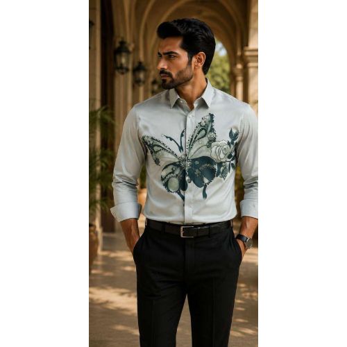 Mens White Butterfly Graphic Designer Shirt