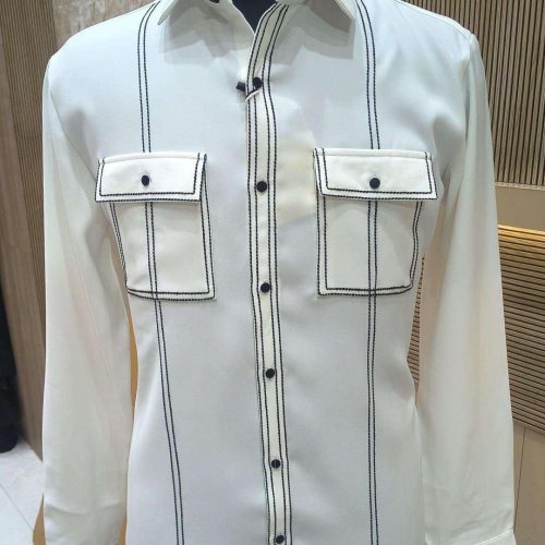Mens White Contrast Stitch Double Pocket Shirt