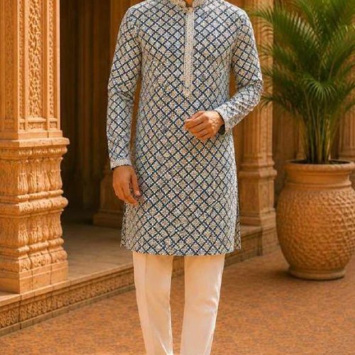 Mens White Geometric Printed Kurta Pajama Set