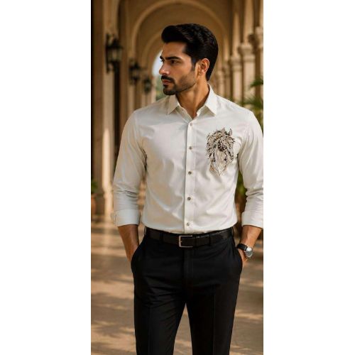 Mens White Horse Embroidered Designer Shirt