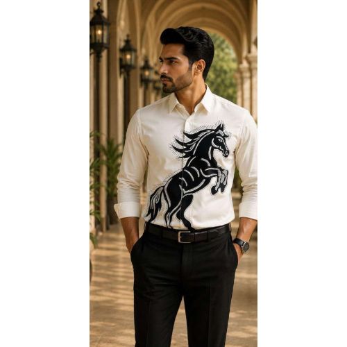 Mens White Running Horse Graphic Designer Shirt