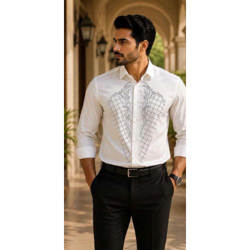 Mens White Studded Designer Formal Shirt