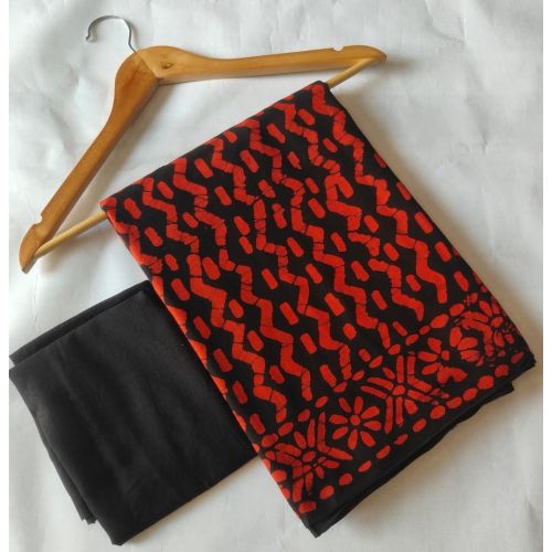 Ladies Crimson Black Hand Block Mul Saree