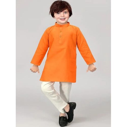 Boys White and Orange Cotton Kurta Pajama Set