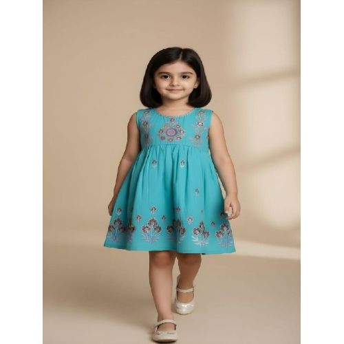 Girl Sky Blue Embroidered Cotton Frock