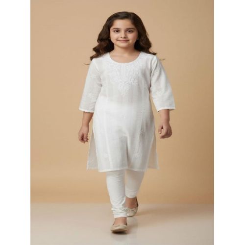 Girl White Cotton Blend Chikankari Kurti