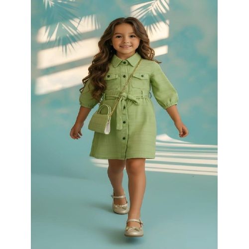 Girls Pista Green One Piece Tunic Frock with Purse and Belt