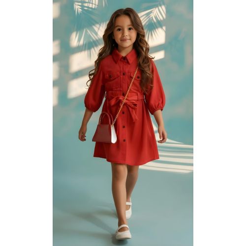 Girls Red One Piece Tunic Frock with Purse and Belt