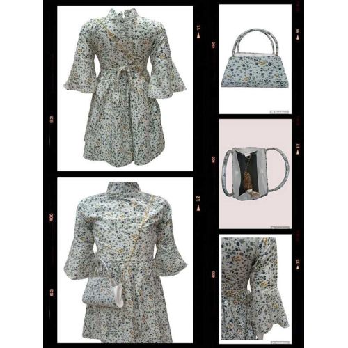 Girls White Printed One Piece Tunic Frock with Purse and Belt