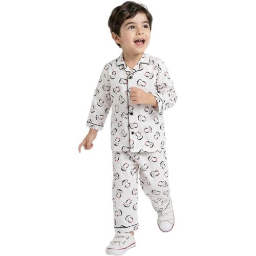 Kids Boys White Printed Cotton Night Suit Set