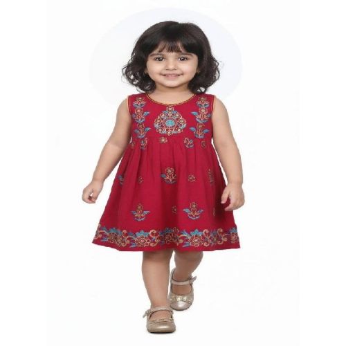 Kids Girl Designer Red Embroidered Cotton Frock