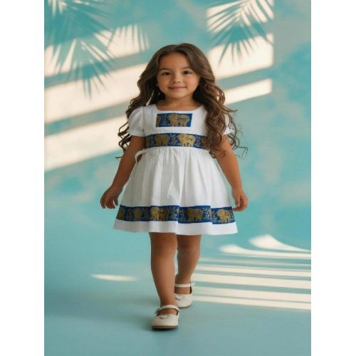 Kids Girl White and Blue Cotton Frock
