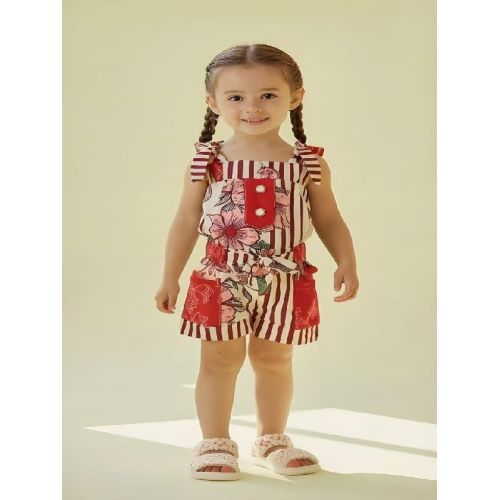 Kids Girls Red Flower Printed Cotton Jumpsuit