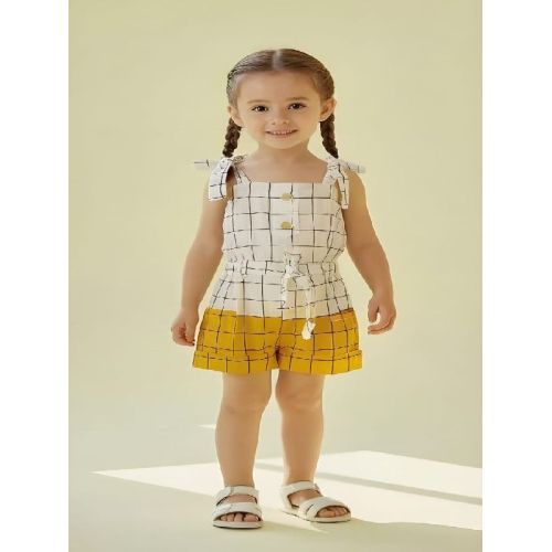 Kids Girls White and Yellow Checked Cotton Jumpsuit