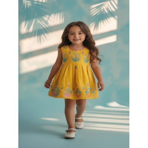 Kids Girls Yellow Embroidered Cotton Frock