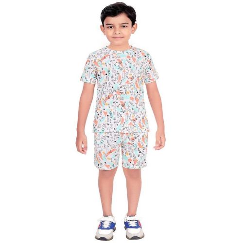 Modern Kids Boys White Printed Cotton Co-ord Set