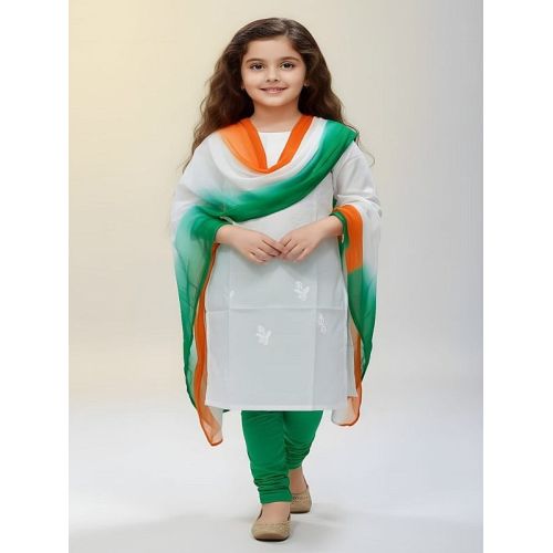 National Flag Printed Girls Cotton Kurti Leggings Dupatta Set