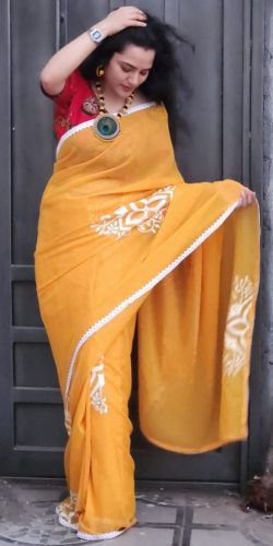 Yellow Hand Painted Georgette Saree