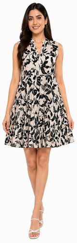 Ladies Black and Grey Cotton Flex Printed One Piece Short Dress