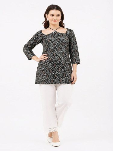 Ladies Black Printed Cotton Short Kurti