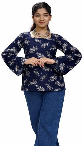 Ladies Blue Cotton Printed Short Kurti